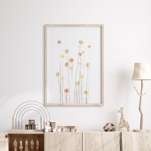 Aquarelle de fleurs jaunes minimalistes, tableau Billy Button, bouquet abstrait aquarelle, impression d'art floral moderne, déco botanique image 2