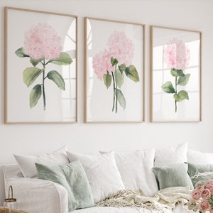 Watercolor Blush Pink and Green Hydrangea Set of 3 Prints, Minimalist Wall Decor, Gift Idea for Her, Baby Girl Nursery Art, Botanical Poster