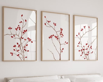 Aquarelle rouge, lot de 3 impressions d'églantier sauvage, branches de roses, décoration murale minimaliste, estampes botaniques, tableau fruits rouges, ferme