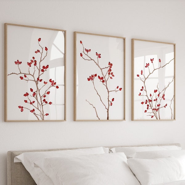 Rote Aquarellmalerei, Wilde Hagebutten, 3er Set Prints, Rosenzweige, minimalistisches Wanddekor, rote Beeren, Bauernhaus