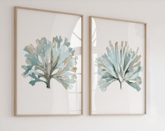 Teal & Turquoise Set of 2 Prints, Watercolor Coastal Wall Decor, Abstract Seagrass, Botanical Large Fine Art Posters, Beach House, Corals