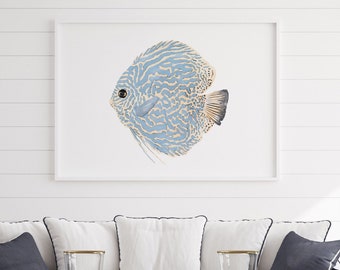 Decorazione moderna della parete costiera, pittura astratta del pesce azzurro, arte della parete estiva, casa sulla spiaggia, opere d'arte Hamptons, poster d'arte di pesce