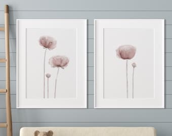 Set of 2 Prints, Minimalist Watercolor Poppies on White Background, Modern Home Decor, Floral Art, Giclee, Botanical Prints, Gift Idea