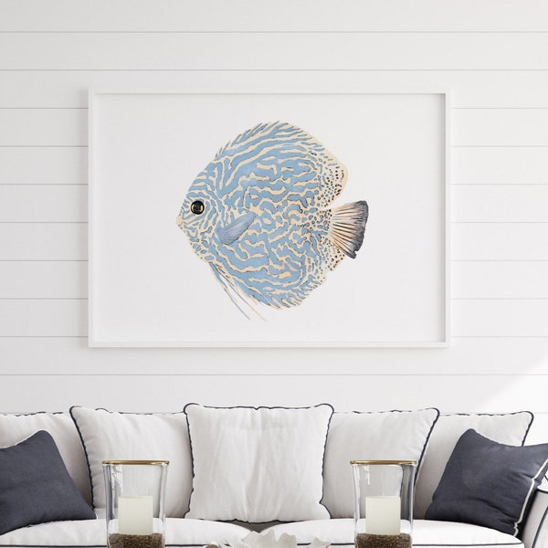 Moderne Küsten Wanddekoration, Abstrakte Blaue Fische Malerei, Sommer Wandkunst, Strandhaus, Hamptons Kunstwerk, Fisch Fine Art Poster