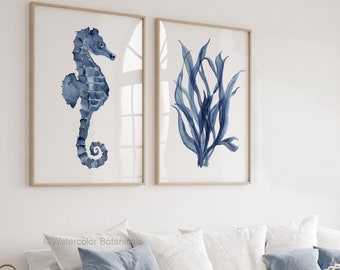 Watercolor Sea Life, Set of 2 Coastal Posters in Navy Blue, Minimalist Artwork, Seaweed & Seahorse Prints, Marine Art, Coral Collection