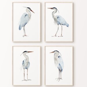 4 stampe di aironi, uccelli costieri blu, 4 aironi minimalisti, arredamento d'interni moderno, stampe, quattro poster, cameretta dei bambini