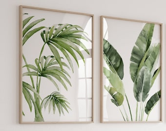 Foglie tropicali, Decorazione murale acquerello esotico, Foglia di banana Monstera - Set di 2 stampe, Ramo di pianta, Arte minimalista botanica verde