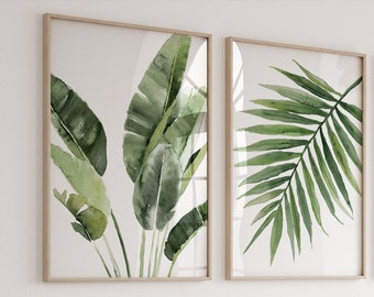 Arte delle foglie tropicali, verde, decorazione della parete botanica, set minimalista di 2 stampe, decorazione della casa sulla spiaggia, arte della natura, decorazione della parete di Hygge, dittico