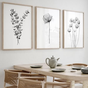 Zwarte botanische prints – aquarel bloemen muurkunst set, modern neutraal huisdecor, Scandinavische en Japanse esthetiek