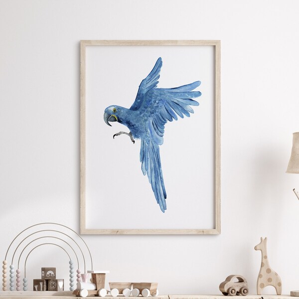 Bleu Marine Perroquet Imprimer Aquarelle Peinture Minimaliste Nature Mur Décor Chambre Animal Décor Oiseau de Paradis Exotique Tropical Art Beach House