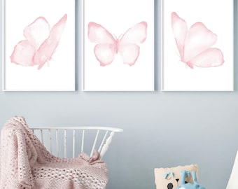 Blush Pink Watercolor Butterflies – Set of 3 Prints – Minimalist Wall Art for Baby Girl Nursery or Kids Room