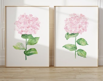 Blush Pink Aquarell Hortensien, 2er Set Drucke, minimalistische Wanddekoration für Baby Mädchen Kinderzimmer