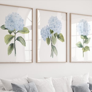 Set di decorazioni da parete con ortensie blu - Stampe botaniche ad acquerello, decorazioni floreali minimaliste, soggiorno in stile Hamptons e costiero, opere d'arte moderne per la casa