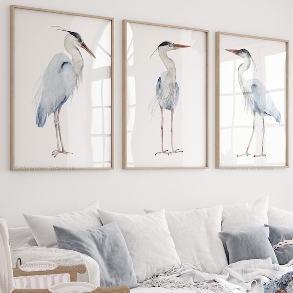 Blue Heron Coastal Birds Wall Art Prints Set of 3