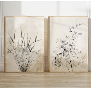 Decorazione da parete in stile fattoria, nero, grigio, beige, fiori selvatici, fiori neri, set di 2 stampe, stampa botanica, grande arte floreale, poster vintage, arte rustica