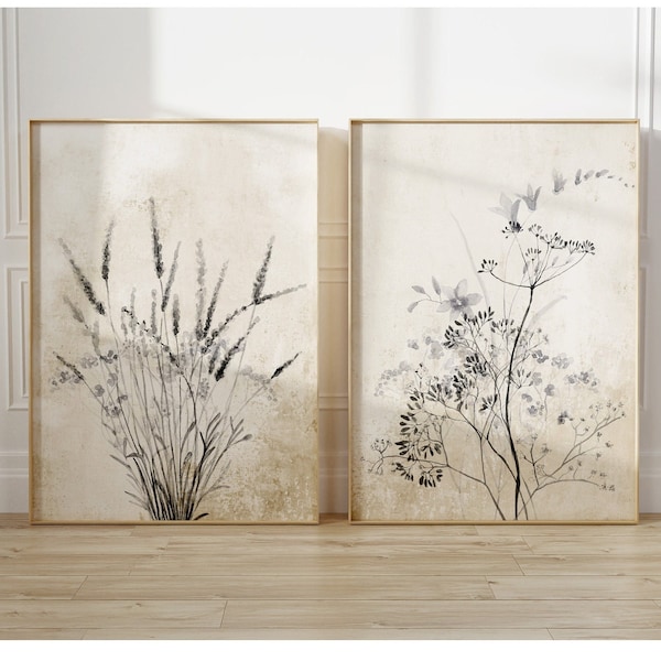 Farmhouse Wall Decor Black Gray Beige Wild Flower Black Flowers Set of 2 Prints Botanical Print Large Art Floral Vintage Poster Rustic Art