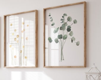 Set di 2 stampe botaniche, eucalipto, pittura ad acquerello di Craspedia, decorazione murale minimalista, asilo nido per bambina, arte della natura, poster astratti