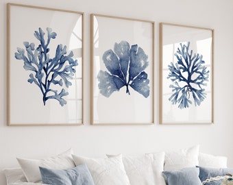 Modern Watercolor Corals, Minimalist Painting, Set of 3 Prints, Navy Blue Seaweed Artwork, Botanical Art, Hamptons Style Art, Ocean & Sea