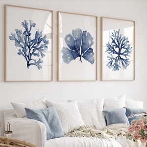 Modern Watercolor Corals, Minimalist Painting, Set of 3 Prints, Navy Blue Seaweed Artwork, Botanical Art, Hamptons Style Art, Ocean & Sea