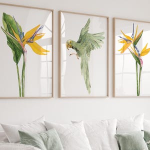 Arte murale estiva – Fiori tropicali e grande uccello esotico, set di 3 stampe – Pappagallo, fiori di strelitzia, decorazione murale moderna e minimalista