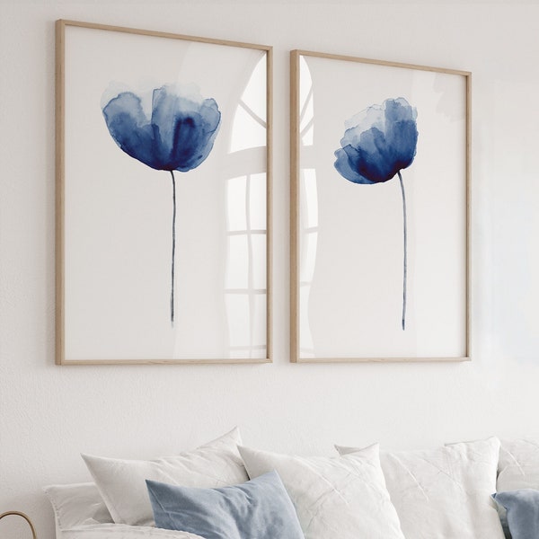 Fleurs de pavot bleu marine, impression aquarelle abstraite, fleur minimaliste, lot de 2 impressions, dessin affiche d'art botanique, cadeau de Noël