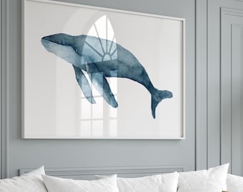 Grande aquarelle de baleines - oeuvre d'art murale côtière pour le salon, grande oeuvre d'art inspirée de l'océan, décoration nautique