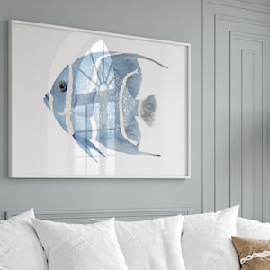 Grande impression de poissons-anges bleus – art mural aquarelle paysage, décoration des Hamptons modernes