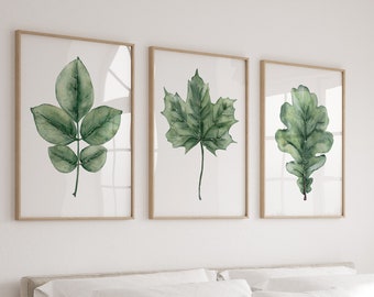 Set di foglie ad acquerello di 3 stampe, decorazione murale botanica minimalista, opere d'arte autunnali, acero, quercia, foglia di frassino, arte moderna per soggiorno