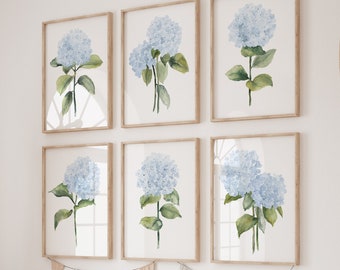 Ortensie blu acquerello, set di 6 stampe, decorazione murale minimalista, arte murale Hamptons, fiori estivi, opere d'arte floreali, arte del soggiorno