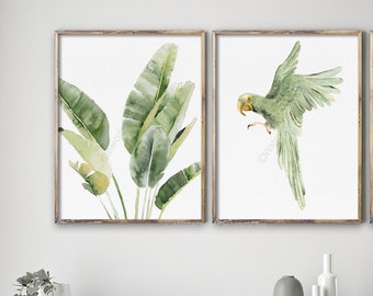 Acquerello Esotico Tropicale Foglie Verde Banana Papagei Stampa Minimalista Set 2 Stampe Piante Esotiche Stampa Poster Beach House Bird Painting