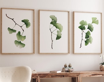 Watercolor Ginkgo Branches, Set of 3 Prints, Minimalist Wall Decor, Green Wall Art, Botanical Prints directly from Artist, Fine Art, Scandi