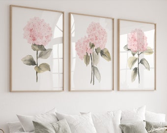 Blush rosa Hortensie 3er-Set Prints, Boho Wohndekor, minimalistische weibliche Kunst, Baby Mädchen Kinderzimmer Kunst, botanisches Kunstwerk 4 Kinderzimmer, Blumen