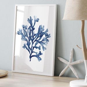 Indigo Navy Blue Coral Nautical Algae Print, Coastal Wall Decor, Hamptons Style, Navy Blue Watercolor Painting, Minimalist Beach House