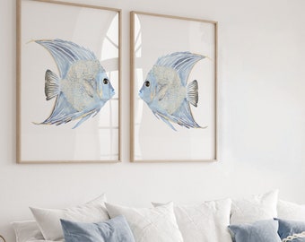 Modern Coastal Set of 2 Prints, Watercolor Scalar Fish in Light Blue, Minimalist Hamptons Art by Watercolor Botanicals, Beach House Poster