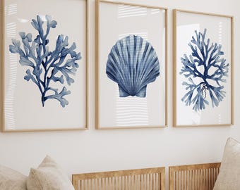 Blue Nautical Prints – Navy Corals and Shell Wall Art – Contemporary Coastal Art for Versatile Spaces, Botanical Prints, Beach House Art