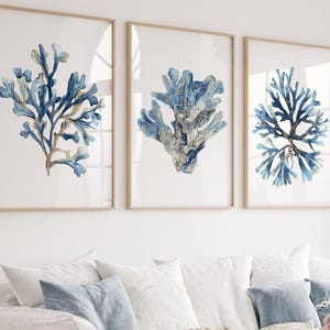 Arte murale costiera beige navy - Set di 3 stampe corallo - Decorazione moderna ispirata al mare per camera da letto o soggiorno. Opera d'arte con acquerello oceanico.