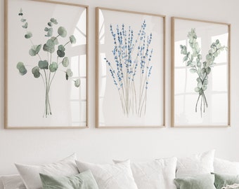 Hellgrüner Eukalyptus & Lavendelzweig Gemälde, 3er Set Drucke, Grünes Wohndekor, Modernes Baby Mädchen Kinderzimmer, Botanische Drucke