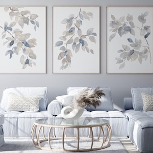 Stampe botaniche blu denim e beige – Set di 3 opere d'arte con rami sospesi, decorazioni da parete moderne per case sulla spiaggia, estetica del cottage sul lago
