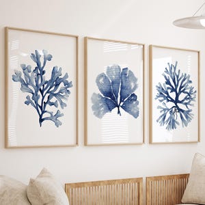 Corallo blu navy e alghe extra large, set di 3 stampe, decorazione murale minimalista con tema costiero, arte moderna con acquerello di una casa sulla spiaggia, Hamptons Fine Art