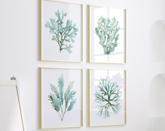 Coral Print, Seaweed Painting, Set of 4 Prints, Watercolor Wall Art, Hand Painted, Minimalist Coral, Coastal Wall Decor, Turquoise Teal Art