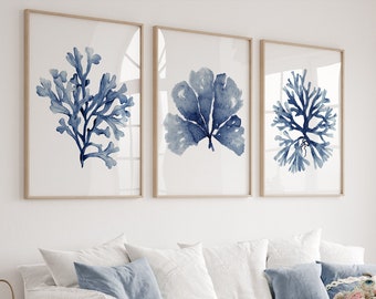 Corallo blu navy extra large e alghe marine, set di 3 stampe, decorazione murale costiera minimalista, arte moderna della casa sulla spiaggia ad acquerello, belle arti di Hamptons