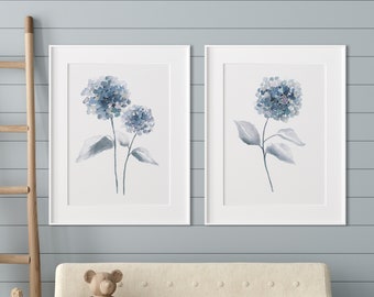 Set di 2 stampe astratte, ortensia grigio blu minimalista, idea regalo, stampa botanica, decorazione murale minimalista ad acquerello, arte chic, camera per bambini