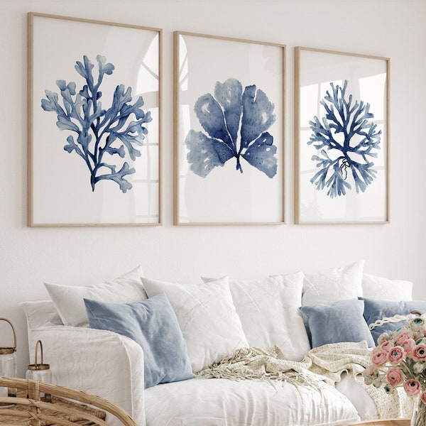 Très grand corail bleu marine et algues, lot de 3 impressions, décoration murale côtière minimaliste, aquarelle moderne, maison de plage, oeuvre d'art des Hamptons