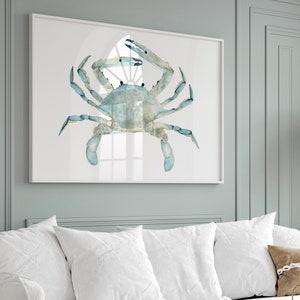 Stampa acquerello Teal Crab – Arte murale minimalista sulla vita marina. Decorazione nautica orizzontale moderna, grande poster costiero, animale dell'oceano