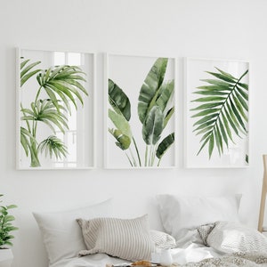 Tropical Watercolor Leaves, Set of 3 Prints, Exotic Greenery, Banana & Fan Palm Leaf Bunch, Minimalist Decor, Beach House Artwork image 2