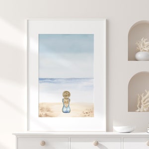 Signora sulla spiaggia, dipinto ad acquerello minimalista, opera d'arte di cottage sulla spiaggia