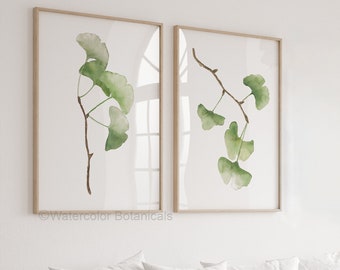 Watercolor Green Ginkgo Leaves, Green Watercolor Leaves, Set of 2 Fine Art Posters, Minimalist Modern Wall Art, Botanical Prints