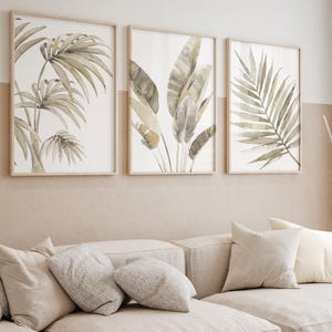 Beige Tropical Wall Art Set of 3, Beige Palm, Monstera & Banana Leaf Prints