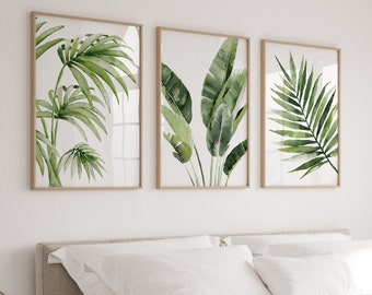 Set mit 3 Drucken, extra große exotische Kunst, grüner Kunstdruck, botanische Bilder, minimalistisches grünes Wanddekor