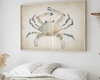 Coastal Room Decor, Rustic Boho Nautical Art, Watercolro Crab, Extra Large Poster, Beach House, Hamptons Modern Farmhouse, Ocean Artwork